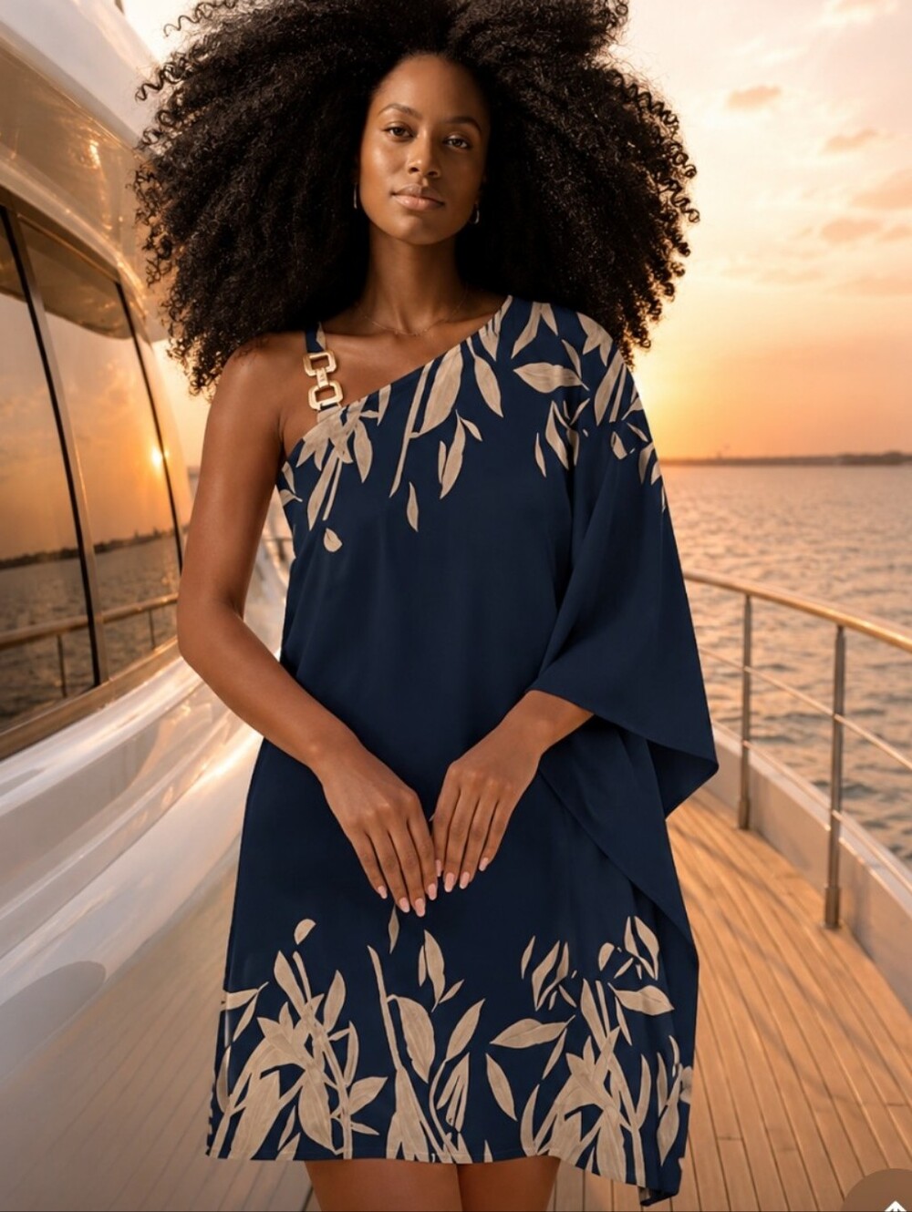 One-Shoulder Navy Floral Print Dress